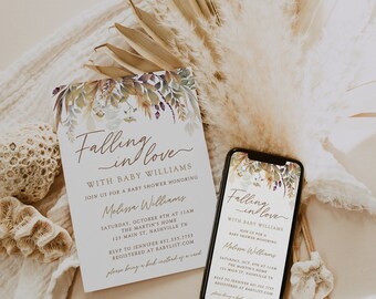 Fall Baby Shower Invite Template | 5x7 | Text Invite | Canva Template | Fall Invite | Shower Invite | Falling in Love | Pampas | Leaves