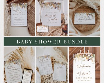 Fall Baby Shower Invitation Bundle | Falling in Love Baby Shower | Boho Baby Shower | Customizable | Canva Templates | Pampas and Leaves