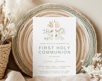 Sage First Holy Communion Invitation Template (Canva Editable)
