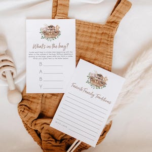 Juegos para baby shower del Arca de Noé / Contenido de la bolsa / Tradiciones familiares favoritas / Tarjetas de 3,5 x 5 / Plantilla de Canva / Personalizable / Animales / Arca