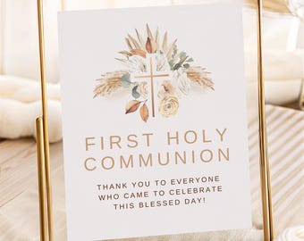 First Holy Communion Sign Template: Gold Floral, Editable Canva Design (8x10) (Digital Download) (Printable)