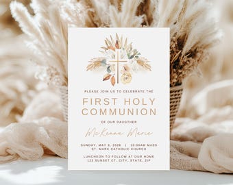 Gold Floral First Holy Communion Invitation Template (Canva Editable) | Boho | 5x7 Invite