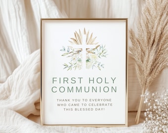 First Holy Communion Sign Template: Neutral Sage, Editable Canva Design (8x10) (Digital Download)