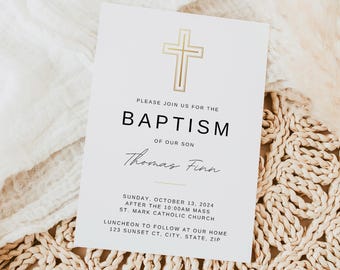 Holy Baptism Invitation Template (Canva Editable), Gold Cross, Printable Invite