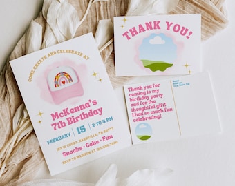 Pink Trucker Hat Birthday Invitation Template: Thank You Postcard (Digital Download)