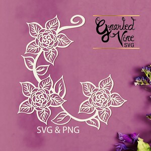 Bloemenversiering SVG PNG Cut-bestand voor lasers Cricut kaarten tekenen ambachten en gravure - drie bloemen verbonden door een decoratieve rand van een wijnstok