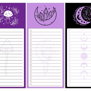 May include: Three printable checklist pages with a purple, light purple, and black background. Each page features a different illustration: a mushroom with stars, a crescent moon with crystals, and a crescent moon with stars. The checklist pages are ideal for organising tasks, goals, or ideas.