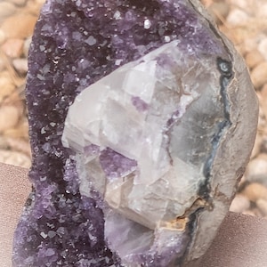 Amethyst with Calcite – 2.5 lb Brazilian Crystal on Cut Base | Deep Purple Druzy Geode with Clear Calcite Cluster for Altar or Decor