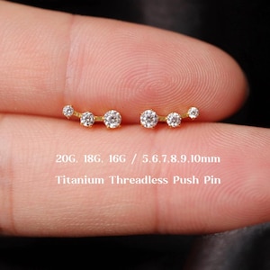 20G/18G/16G Titanium Climber Cz Threadless Push Pin Labret, Curved Cz Flat Back Earring, Cartilage Stud, Tragus Stud, Helix Conch Earring