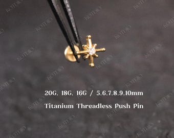 20G/18G/16G Titanium Starburst Threadless Push Pin Labret, Star Cz Flat Back Earrings, Cartilage Stud, Tragus Stud, Helix, Conch, Nose Stud