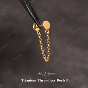 18G Titanium Threadless Helix Disc Chain Push Pin Stud, Circle Flat Back Chain Earring, Cartilage Conch Chain Earring, Chain Stud Earring