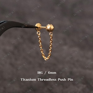 18G Titanium Threadless Helix Ball Chain Push Pin Stud, Flat Back Chain Earring, Cartilage Conch Chain Earring, Chain Stud Earring