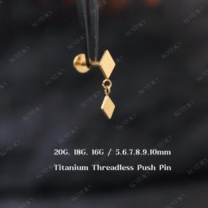 20G/18G/16G Titanium Rhombus Dangle Flat Back Earrings, Threadless Push Pin Labret, Cartilage Earrings, Tragus Helix Conch Earring