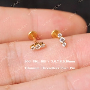 20G/18G/16G Titanium Straight Bar Cz Threadless Push Pin Labret, Cz Flat Back Earring, Cartilage, Tragus, Helix, Conch Earring, Cz Nose Stud
