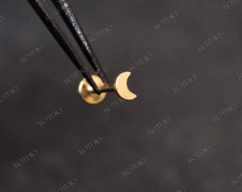 20G/18G/16G Titanium Moon Flat Back Earring, Moon Threadless Push Pin Labret Stud, Cartilage Stud, Tragus, Helix, Conch, Moon Nose Stud
