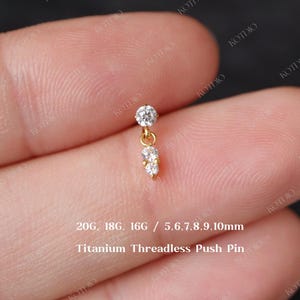 20G/18G/16G Titanium Cz Dangle Threadless Push Pin Labret, Cz Flat Back Earring, Cartilage Stud, Tragus Helix Conch Stud, Cz Titanium Stud