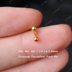 20G/18G/16G Titanium Dangle Ball Flat Back Earring, Two Ball Threadless Push Pin Labret, Cartilage Earring, Tragus Stud, Helix Conch Stud