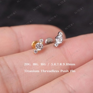 20G/18G/16G Titanium Climber Cz Threadless Push Pin Labret, Curved Flat Back Earring, Cartilage Stud, Tragus, Helix, Conch, Cz Nose Stud