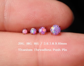 20G / 18G / 16G Titan Purple Opal Ohrringe mit flacher Rückseite, fadenlose Push Pin Labret, Knorpelohrring, Tragus, Helix, Conch, Opal Nasenstecker