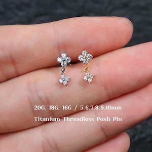 20G/18G/16G Titanium Dangle Flower Cz Flat Back Earrings, Flower Threadless Push Pin Labret, Cartilage, Tragus, Helix, Conch, Cz Nose Stud