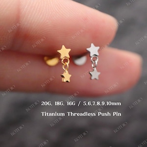 20G/18G/16G Titanium Dangle Star Flat Back Earrings, Star Threadless Push Pin Labret, Cartilage Earrings, Tragus Helix Conch Earring