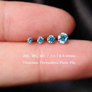 20G/18G/16G Titanium Aqua Blue Cz Flat Back Earring, Light Blue Threadless Push Pin Labret, Cartilage, Tragus, Helix, Conch, Nose Stud
