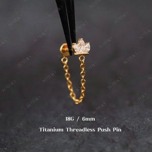 18G Titanium Cz Crown Threadless Helix Chain Push Pin Stud, Cz Flat Back Stud, Cartilage Stud, Conch Chain Earring, Chain Stud Earring