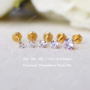 20G/18G/16G Titanium Lavender Cz Threadless Push Pin Labret, Purple Flat Back Earring, Cartilage Stud, Tragus, Helix, Cz Nose Stud