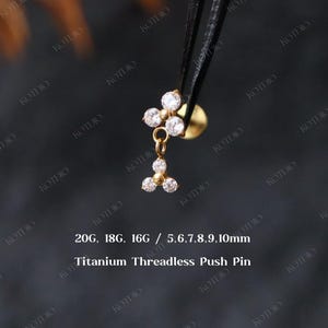 20G/18G/16G Titanium Flower Cz Dangle Threadless Push Pin Labret, Flat Back Earring, Cartilage Stud, Tragus Helix Conch Stud, Titanium Stud