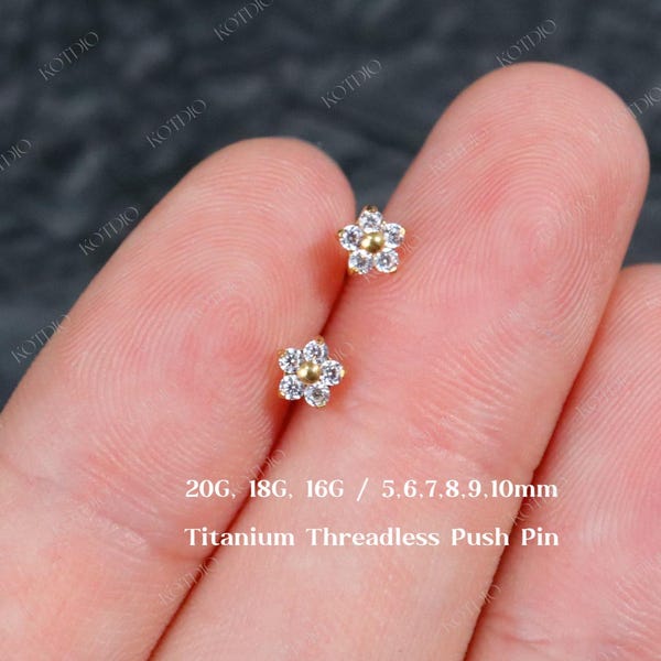 20G/18G/16G Titanium Flower Cz Flat Back Earring, Small Flower Threadless Push Pin Labret, Cartilage Stud, Tragus, Helix, Conch, Nose Stud