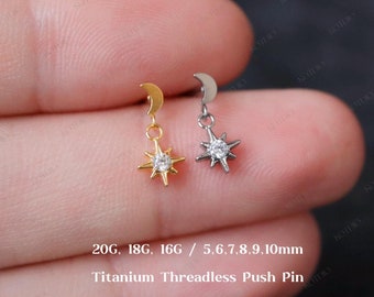 Brinco pendente de titânio com lua e estrela, calibre 20G/18G/16G, fecho plano, piercing labret sem rosca, piercing de cartilagem, piercing de tragus, piercing de hélix, piercing de concha.