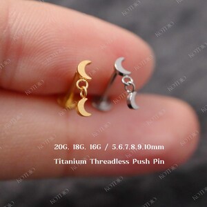 20G/18G/16G Titanium Moon Dangle Flat Back Earring, Double Moon Threadless Push Pin Labret, Cartilage Stud, Tragus Helix Stud, Conch Stud