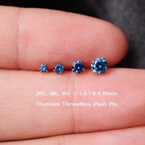 20G/18G/16G Titanium Sapphire Cz Threadless Push Pin Labret, Blue Cz Flat Back Earring, Cartilage Stud, Tragus, Helix, Conch, Nose Stud