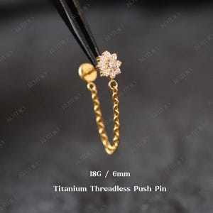 18G Titanium Flower Cz Threadless Helix Chain Push Pin Stud, Cz Flat Back Stud, Cartilage Stud, Conch Chain Earring, Chain Stud Earring