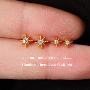 20G/18G/16G Titanium Starburst Cz Threadless Push Pin Labret, Star Flat Back Earring, Cartilage Tragus Helix Conch Earring, Star Nose Stud