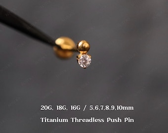 Pendiente de titanio con bola pequeña de circonita cúbica (20/18/16 g), parte trasera plana, pasador sin rosca de circonita cúbica, pendiente para labio, cartílago, trago, hélix y caracola.