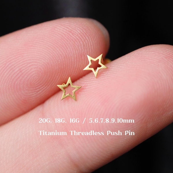 20G/18G/16G Titanium Open Star Threadless Push Pin Labret, Star Flat Back Earring, Cartilage Stud, Tragus Stud, Helix, Conch, Star Nose Stud