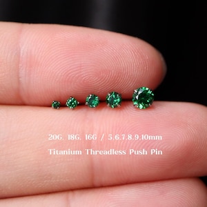 20G/18G/16G Titanium Emerald Cz Flat Back Earring, Green Cz Threadless Push Pin Labret, Cartilage Stud, Tragus, Helix, Conch, Nose Stud