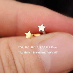 20G/18G/16G Titanium Star Threadless Push Pin Labret, Tiny Star Flat Back Earring, Cartilage Tragus Helix Conch Nose Stud, Gold Star Earring