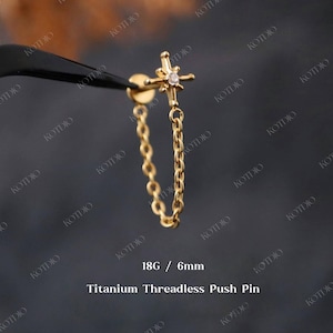 18G Titanium Star Cz Threadless Helix Chain Push Pin Stud, Star Flat Back Stud, Cartilage Stud, Conch Chain Earring, Chain Stud Earring