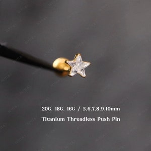 20G/18G/16G Titanium Star Cz Flat Back Earring, Threadless Push Pin Labret, Cartilage Stud, Tragus Stud, Helix Stud, Conch Stud, Nose Stud