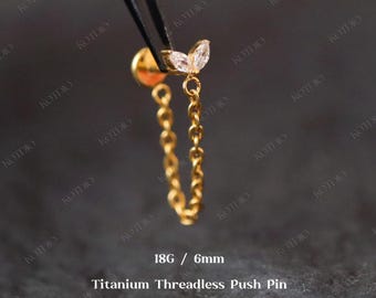 18G Titanium Wing Cz Threadless Helix Chain Push Pin Stud, Cz Flat Back Stud, Cartilage Stud, Conch Chain Earring, Chain Stud Earring