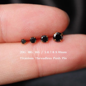 20G/18G/16G Titanium Black Cz Threadless Push Pin Labret, Black Flat Back Earring, Cartilage Stud, Tragus Stud, Helix Conch Stud, Nose Stud