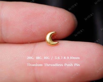 20G/18G/16G Titanium Crescent Moon Threadless Push Pin Labret, Flat Back Earring, Cartilage Stud, Tragus Stud, Helix, Conch, Moon Nose Stud