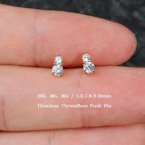 20G/18G/16G Titanium Two Stone Threadless Push Pin Labret, Cz Flat Back Earring, Cartilage Stud, Tragus Helix Conch Stud, Nose Cz Stud