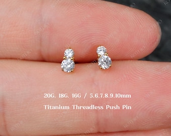 20G / 18G / 16G Titan Zwei Stein fadenlos Push Pin Labret, Cz Flachrück Ohrring, Knorpel Bolzen, Tragus Helix Conch Bolzen, Nase Cz Bolzen