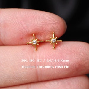 20G/18G/16G Titanium Starburst Cz Threadless Push Pin Labret, Star Flat Back Earrings, Cartilage, Tragus, Helix, Conch, Star Nose Stud