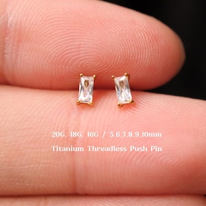 20G/18G/16G Titanium Baguette Cz Flat Back Earring, Cz Threadless Push Pin Labret, Cartilage Stud, Tragus, Helix, Conch Earring, Nose Stud