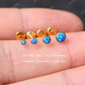 20G/18G/16G Titanium Blue Opal Threadless Push Pin Labret, Bezel Opal Flat Back Earring, Cartilage Stud, Tragus Stud, Helix Conch Nose Stud
