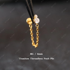 18G Titanium Cz Threadless Helix Chain Push Pin Stud, Two Stone Flat Back Stud, Cartilage Stud, Conch Chain Earring, Chain Stud Earring